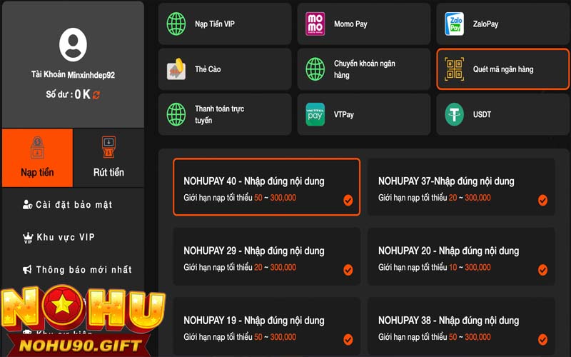 Nạp tiền Nohu90 qua chuyển khoản ngân hàng